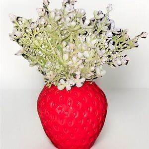 Cute Strawberry Ceramic Vase with White Faux Flowers - Summer Kitchen Decor